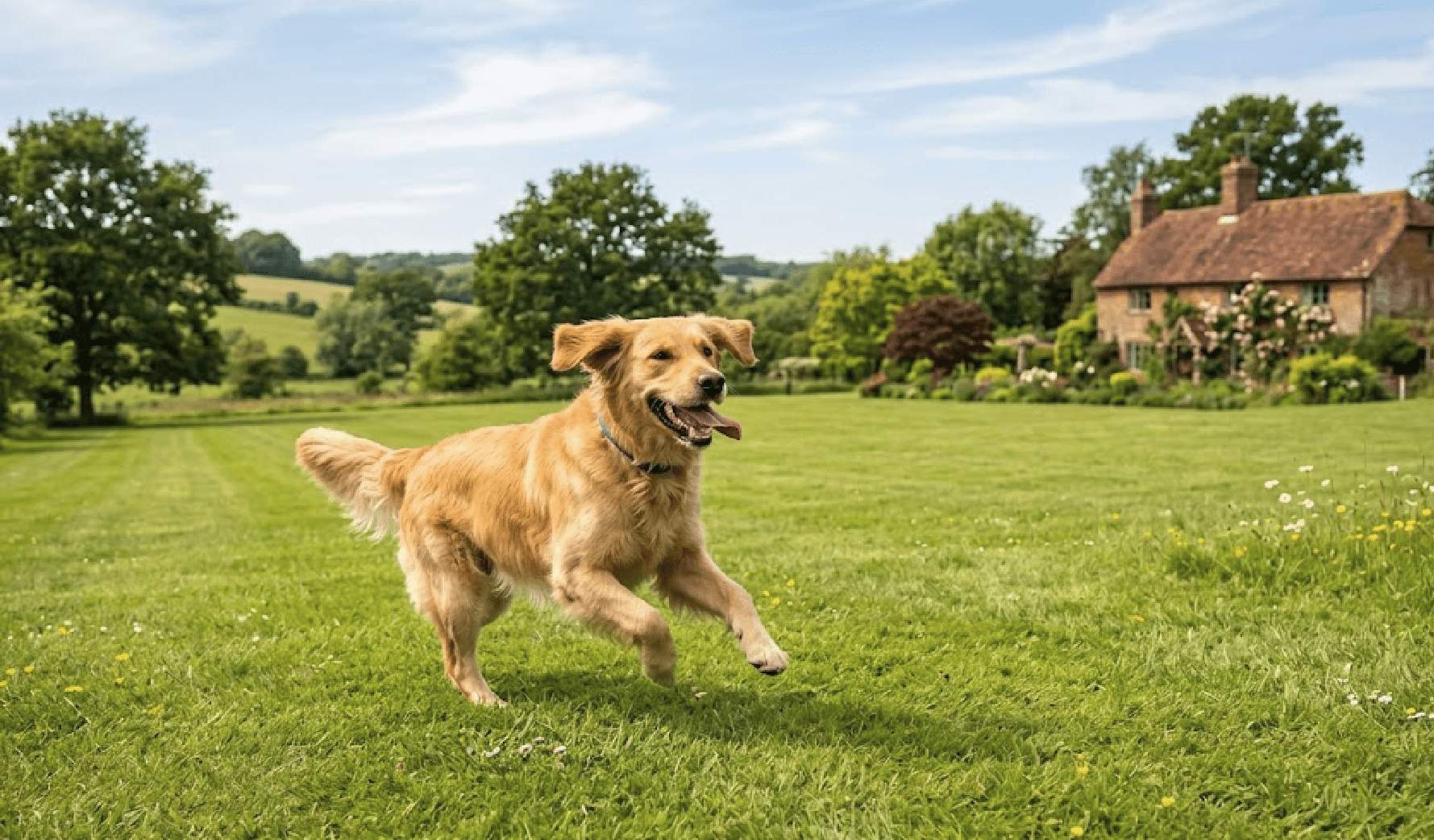 Happy dog running in a freshly cleaned backyard