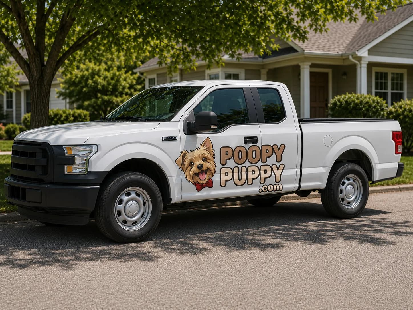 PoopyPuppy branded service truck parked outside a Layton, Utah home